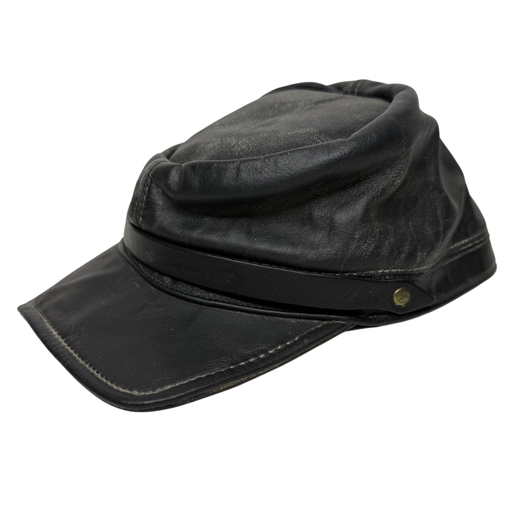 Vintage Black Genuine Leather Biker Kepi Hat Fiddler Cap Made in USA Large